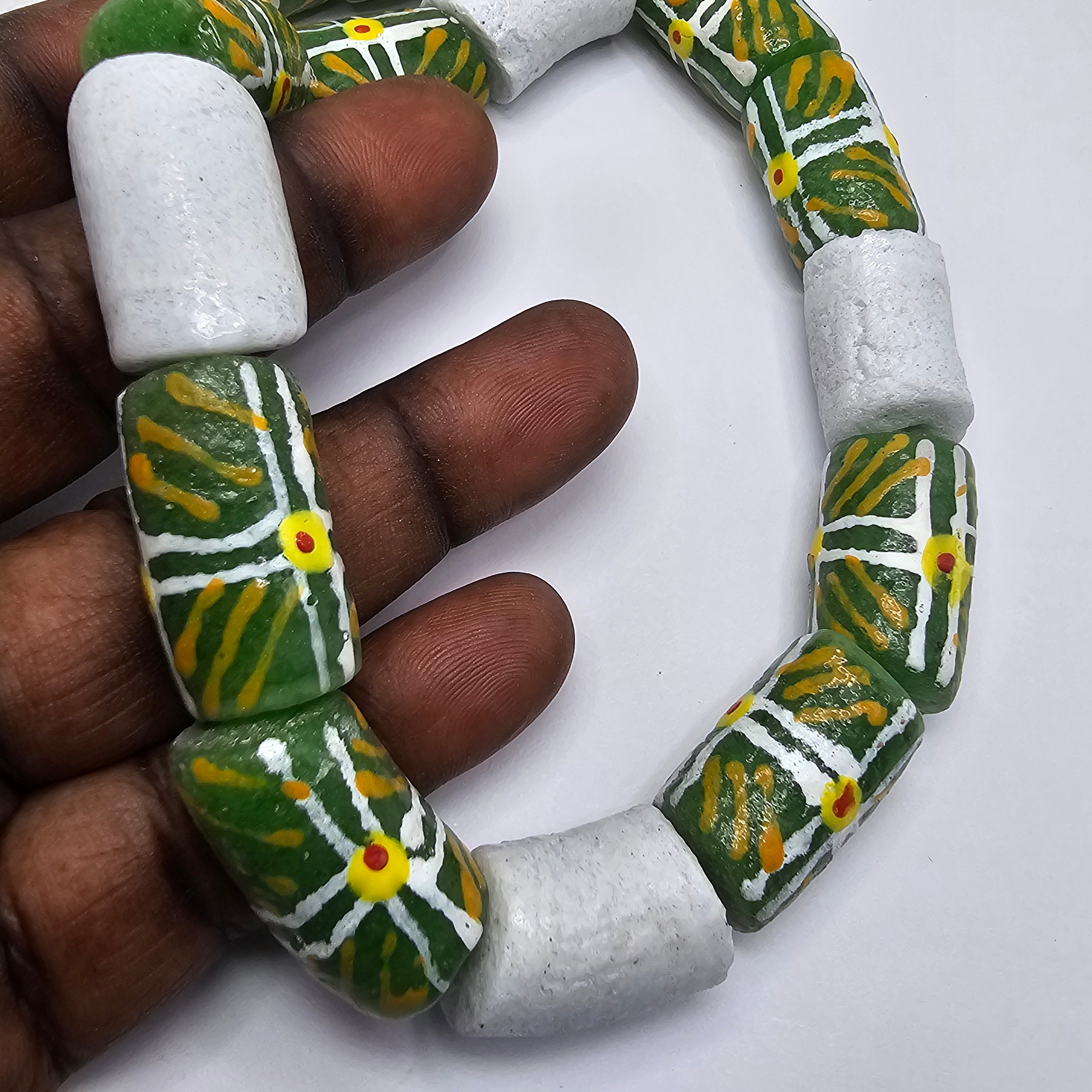 Chunky Green White Krobo Beads