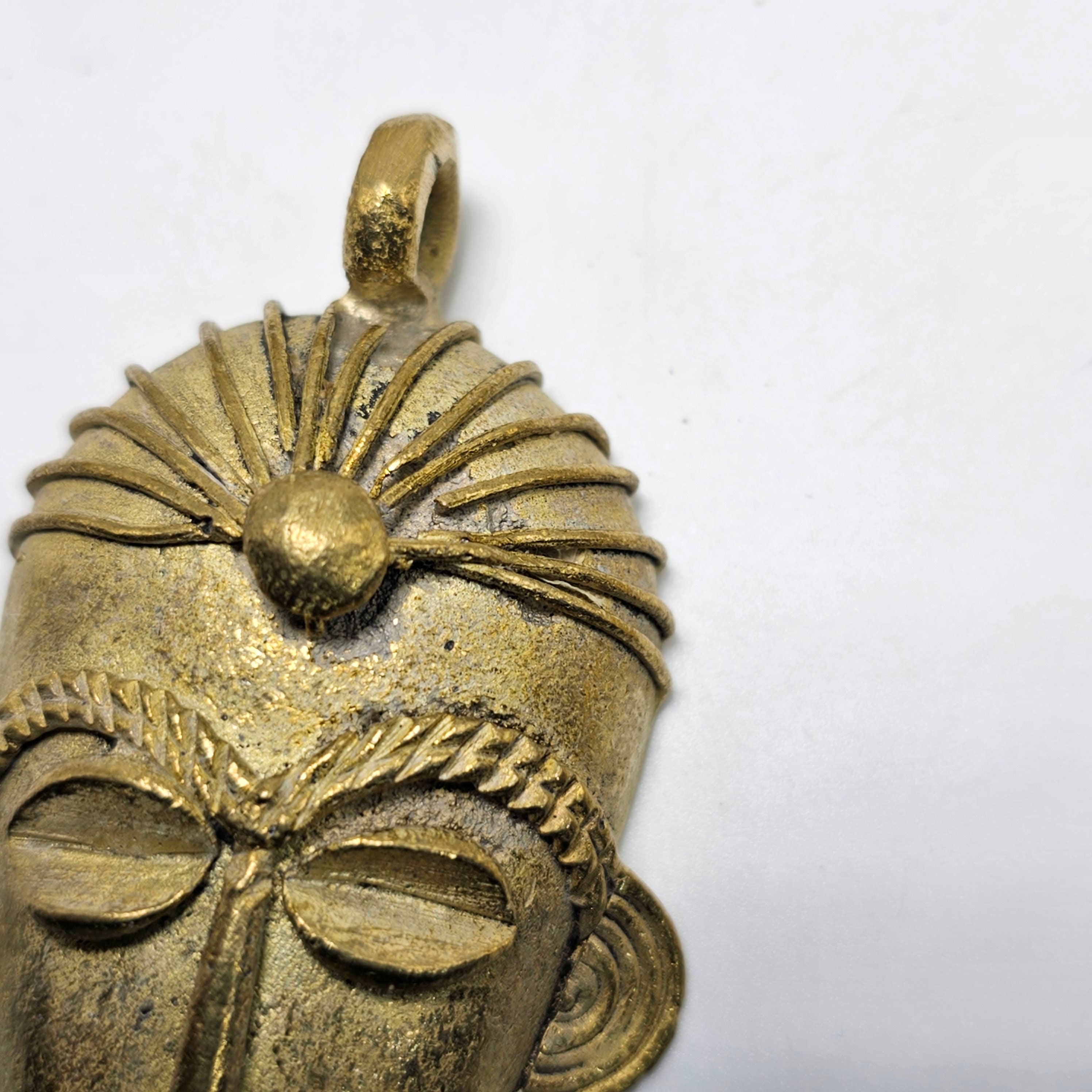 SALE: Elongated Mask Pendant, African Brass Beads