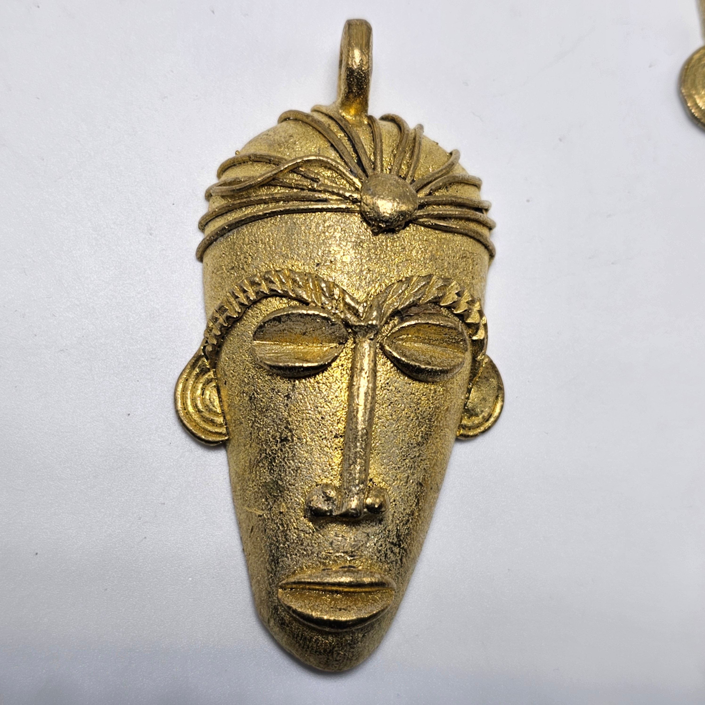 SALE: Elongated Mask Pendant, African Brass Beads