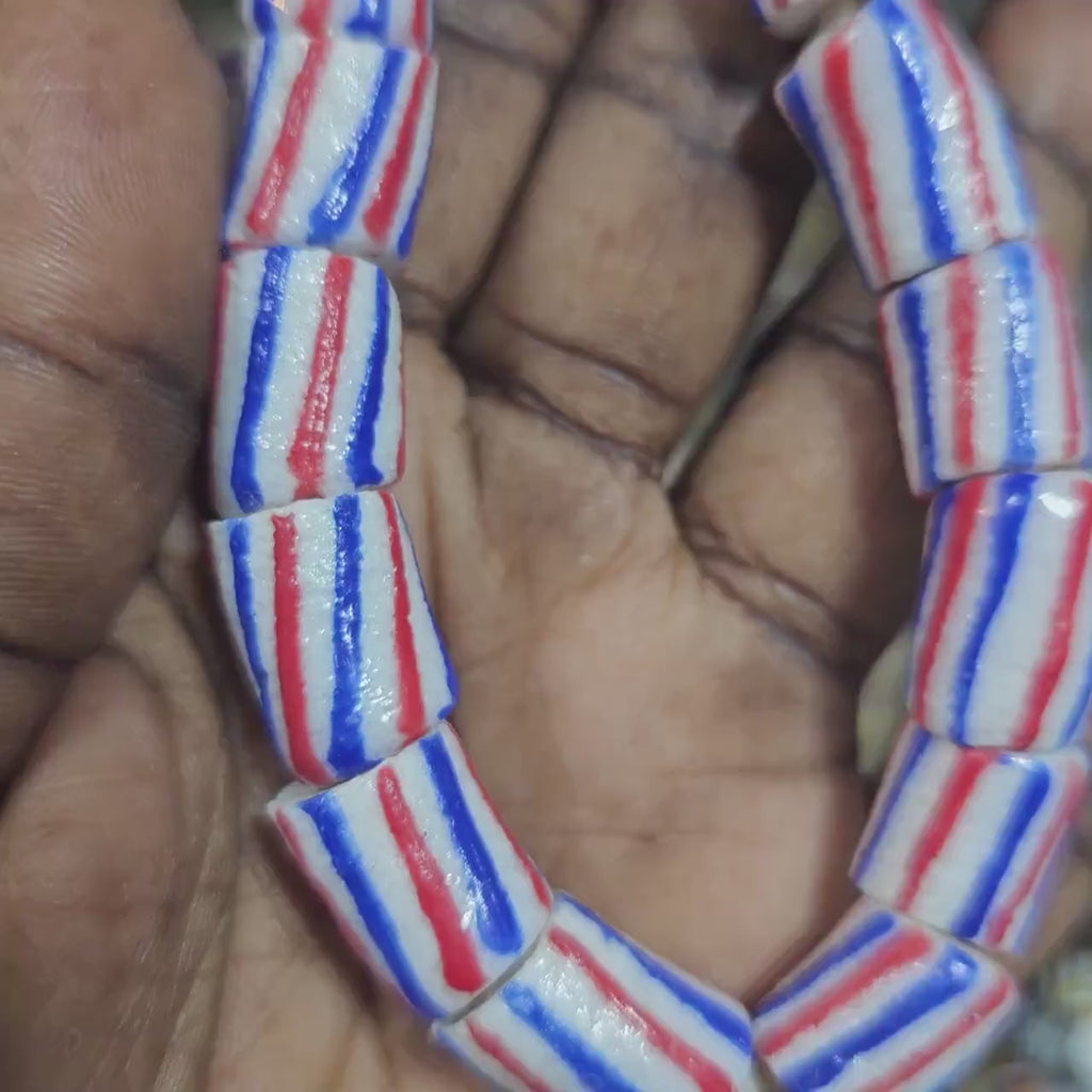 White Red Blue African Beads, Krobo Beads, Ethnic Beads