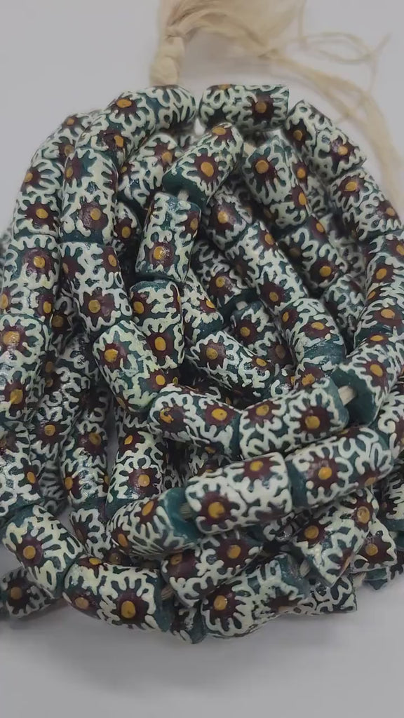 13 Teal Hand painted Flower African Krobo Beads