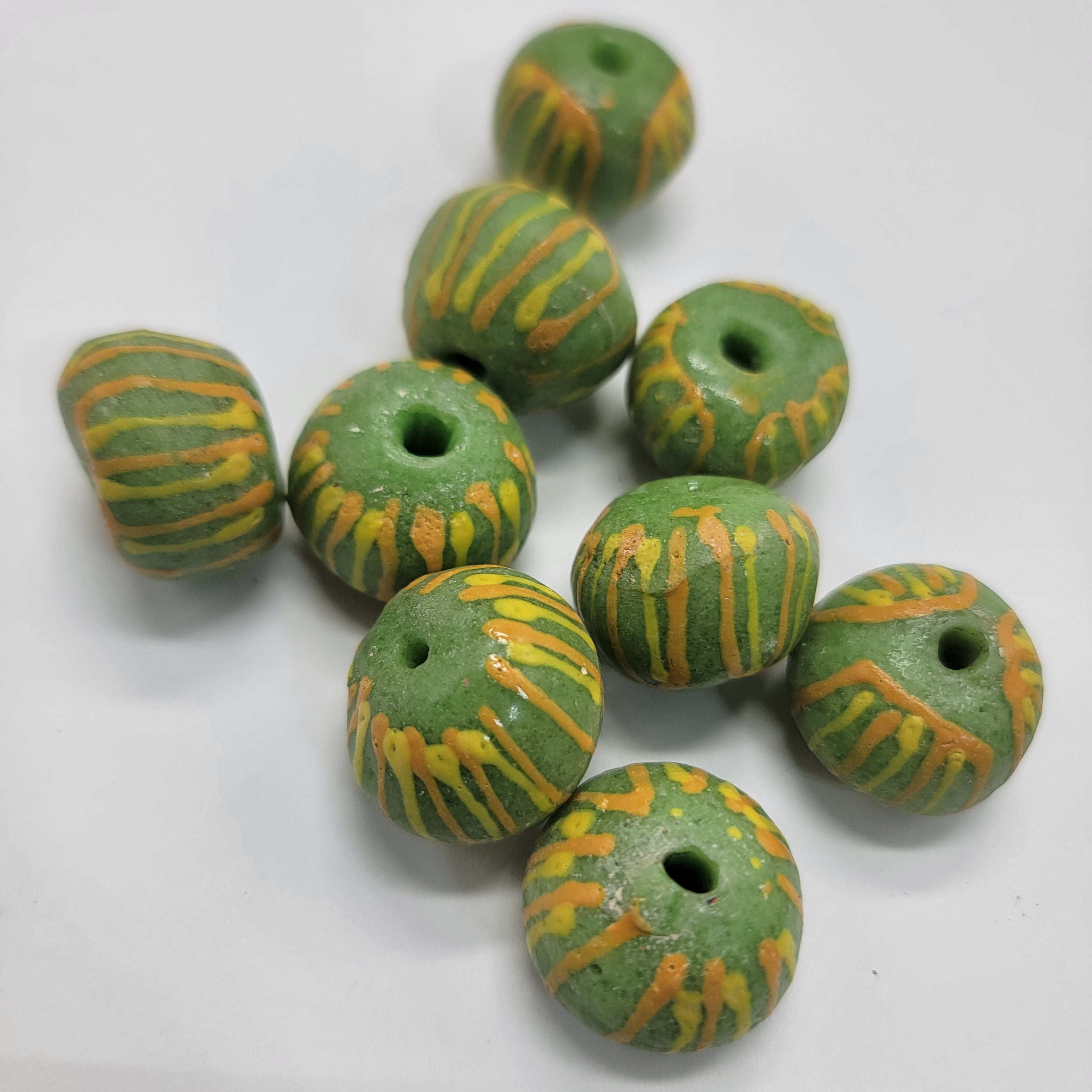 Green Hand-Printed African Ball, Jewelry Making Beads