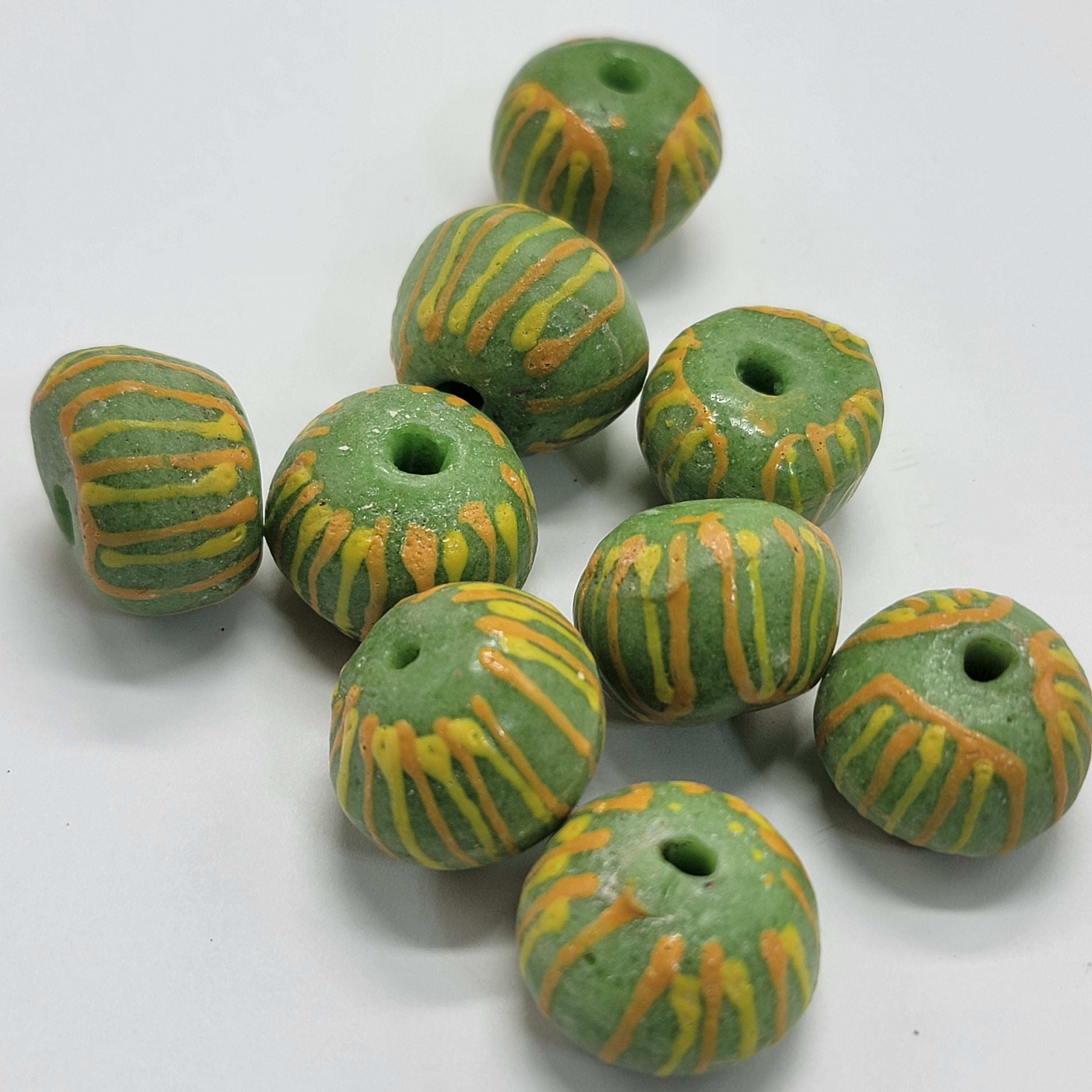 Green Hand-Printed African Ball, Jewelry Making Beads