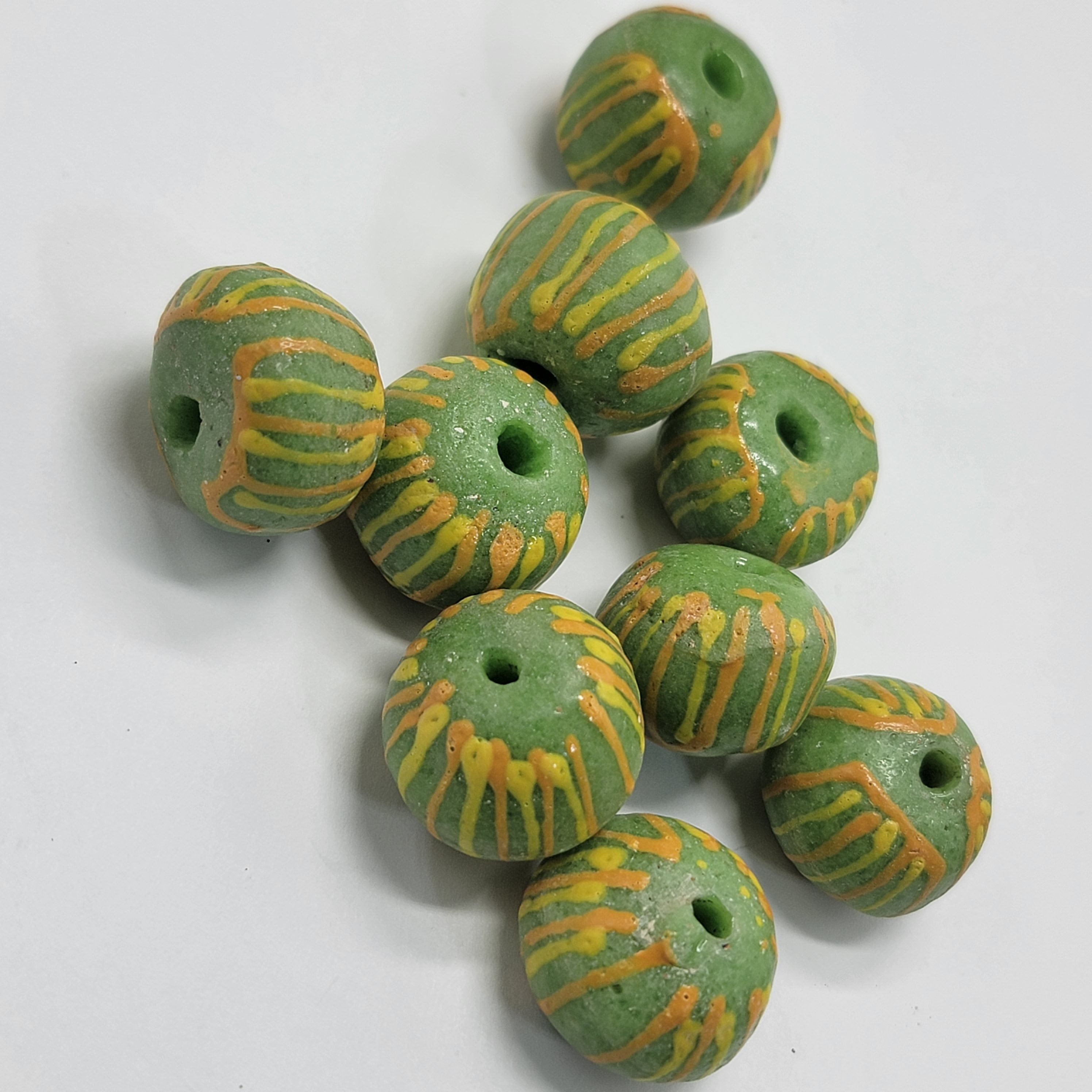 Green Hand-Printed African Ball, Jewelry Making Beads