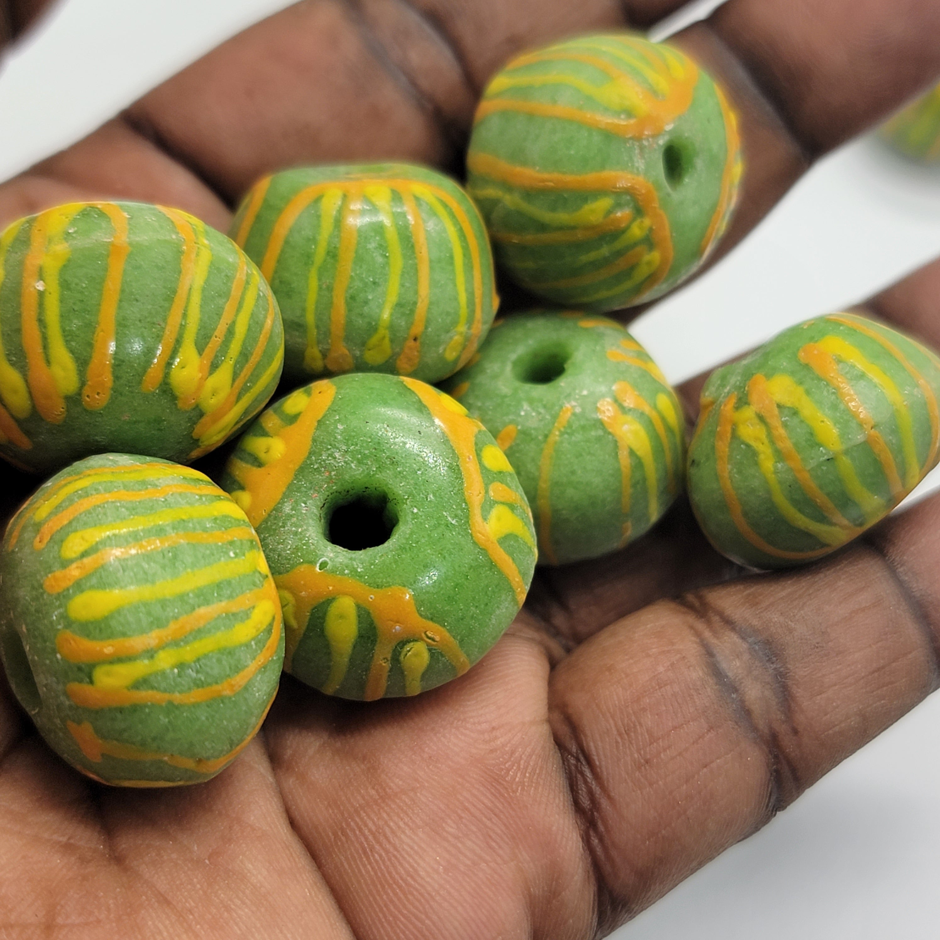 Green Hand-Printed African Ball, Jewelry Making Beads