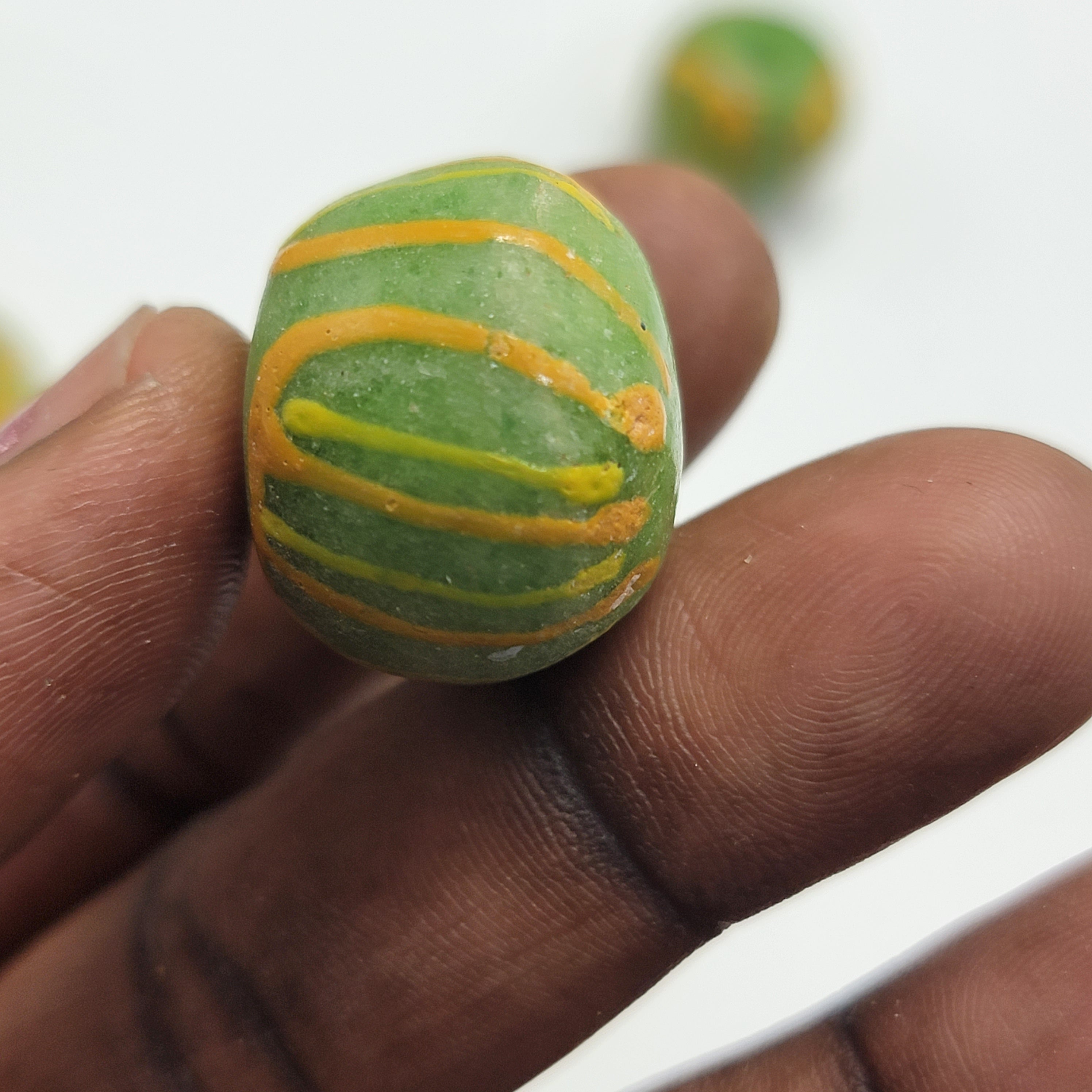 Green Hand-Printed African Ball, Jewelry Making Beads