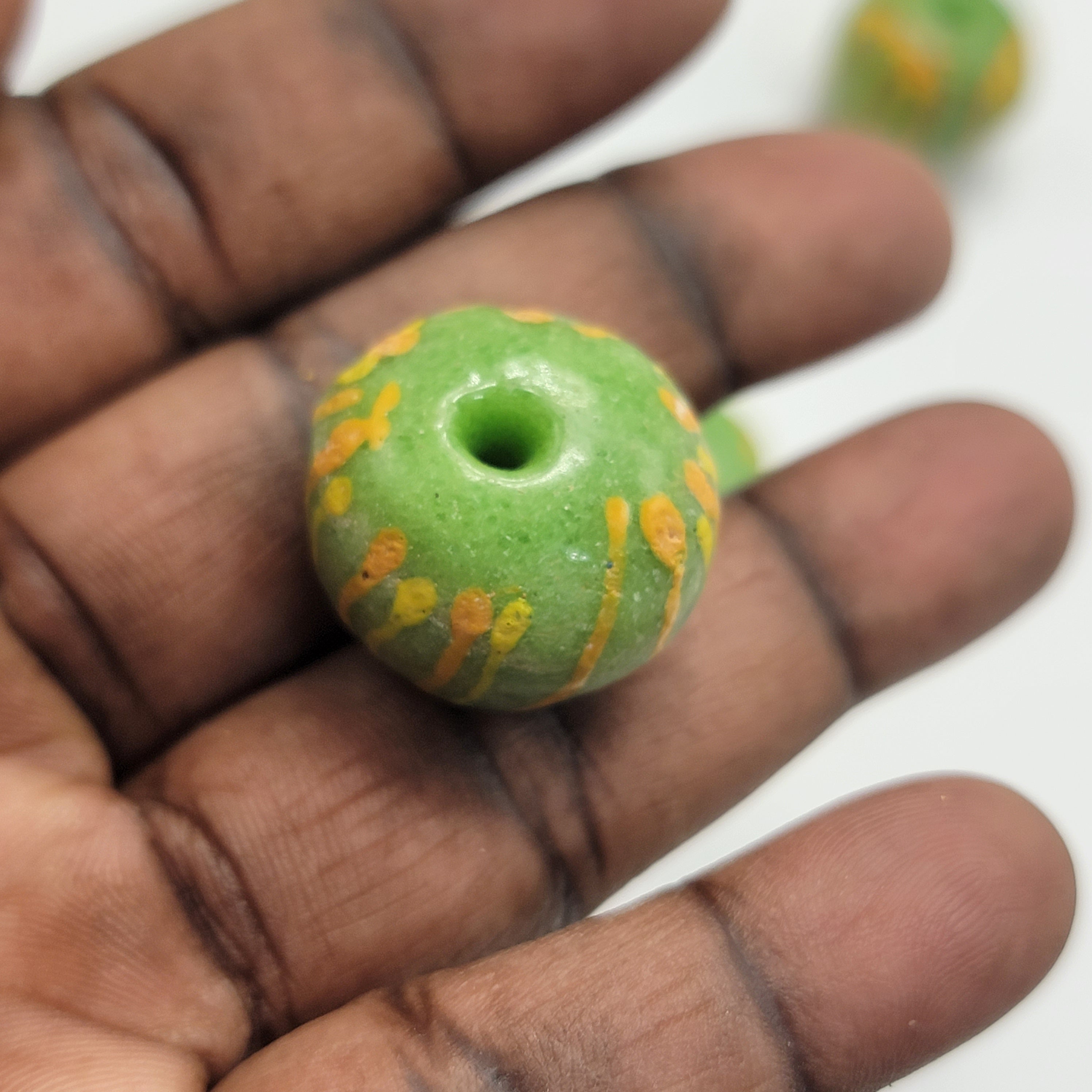 Green Hand-Printed African Ball, Jewelry Making Beads