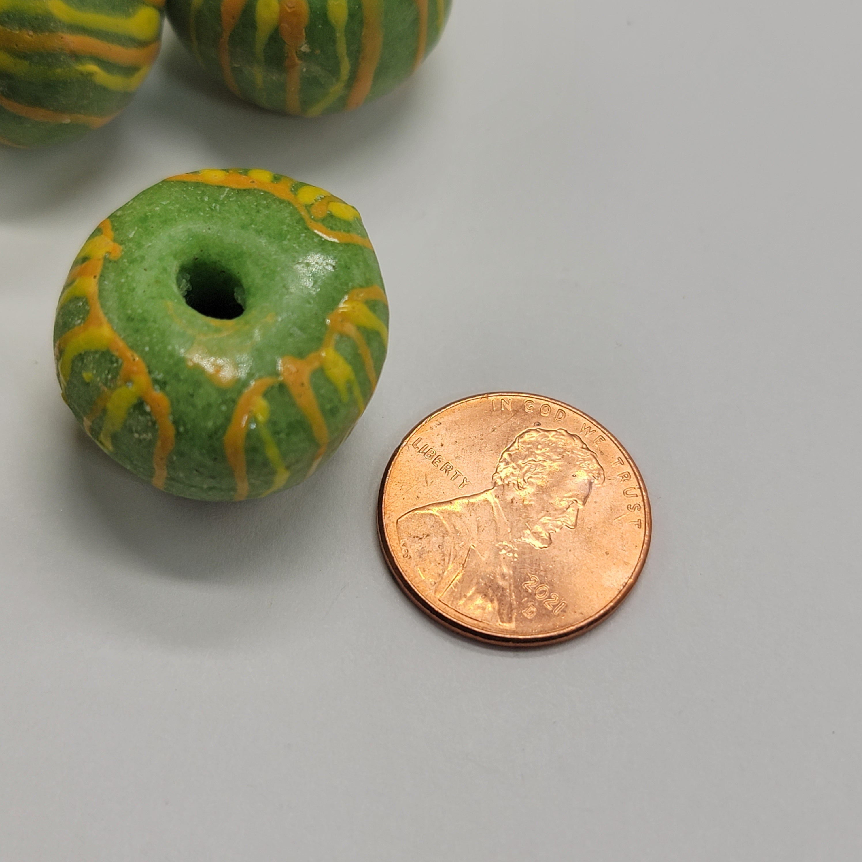 Green Hand-Printed African Ball, Jewelry Making Beads