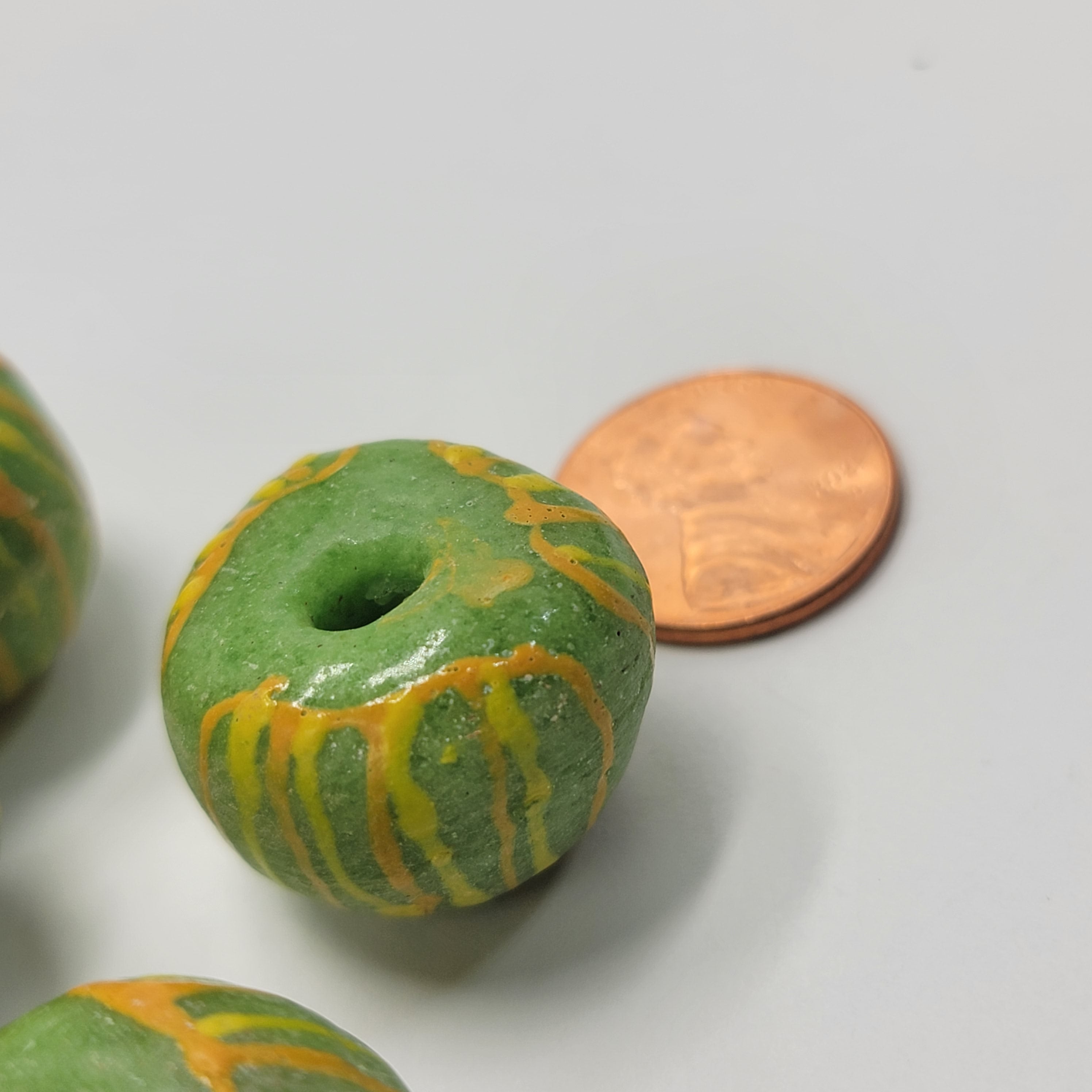 Green Hand-Printed African Ball, Jewelry Making Beads