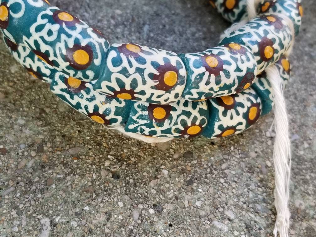 13 Teal Hand painted Flower African Krobo Beads