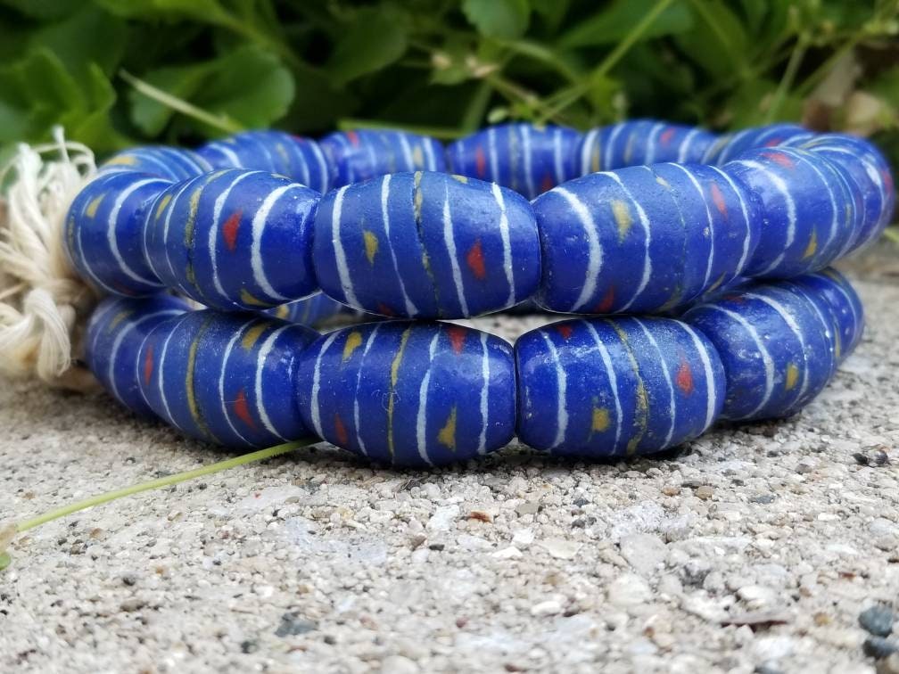 12 Blue African Hand-painted Beads, African Beads