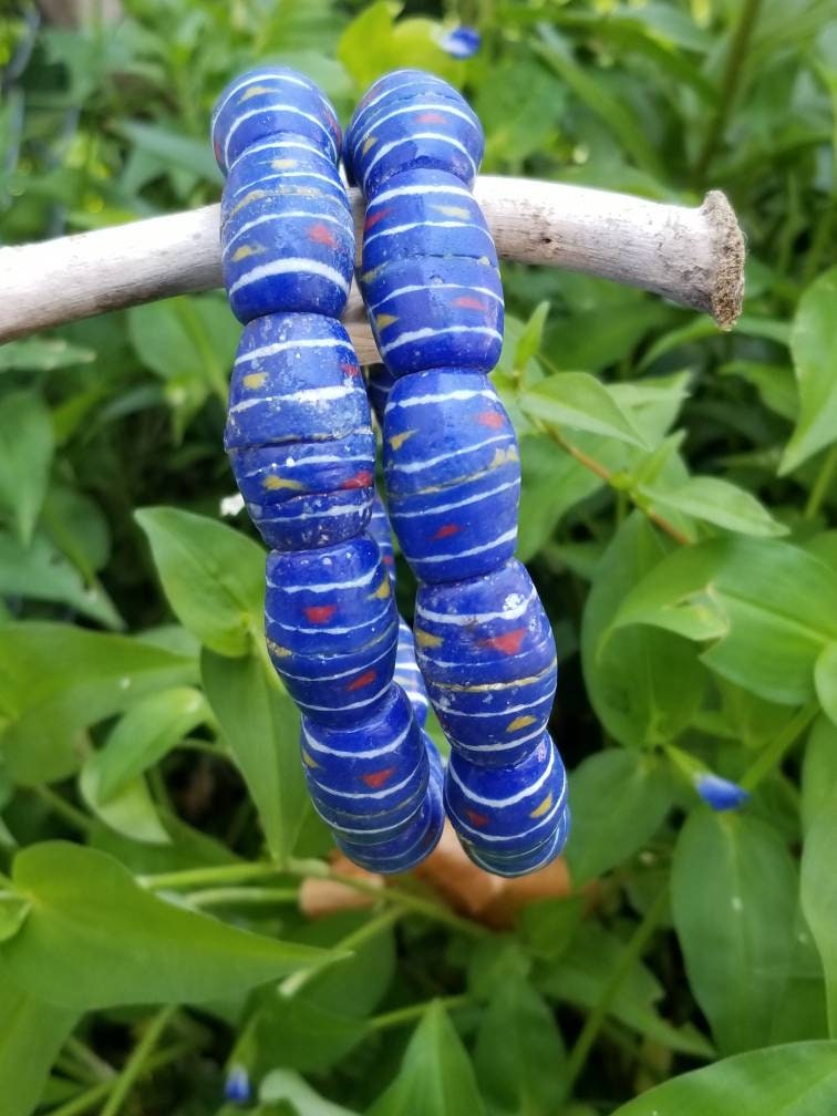 12 Blue African Hand-painted Beads, African Beads