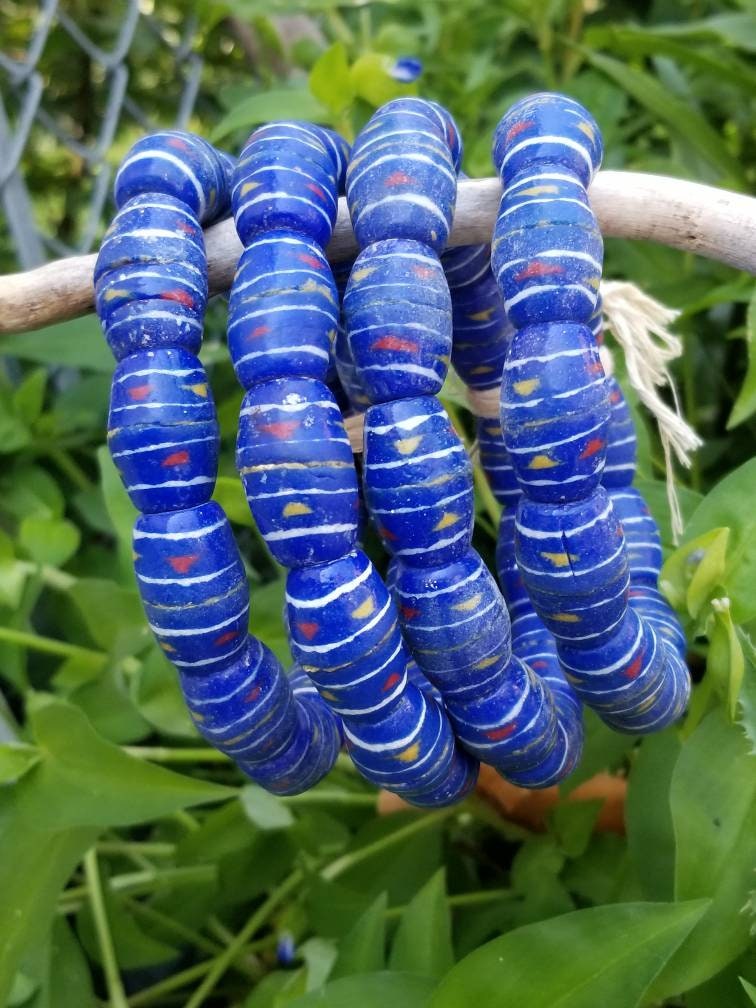 12 Blue African Hand-painted Beads, African Beads