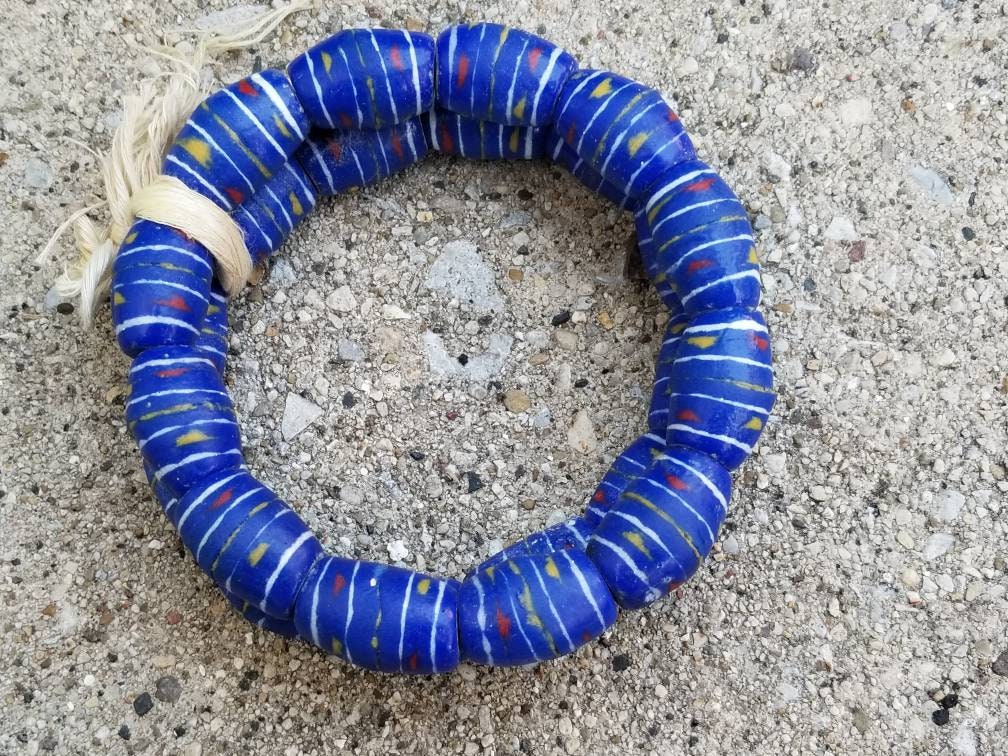 12 Blue African Hand-painted Beads, African Beads