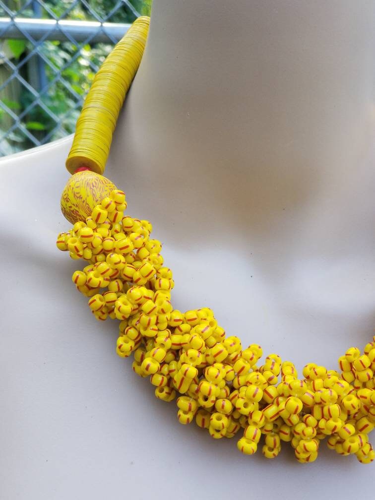 Yellow African glass vinyl necklace, African Jewelry