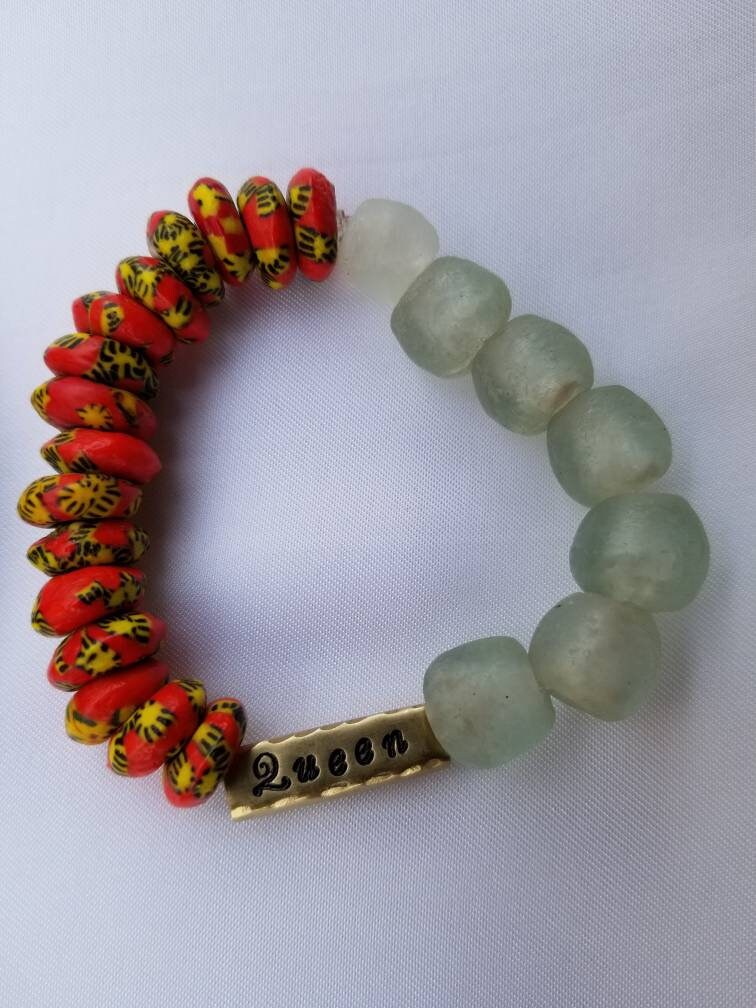 African Recycled Glass Brass Bracelet, Handmade Jewelry