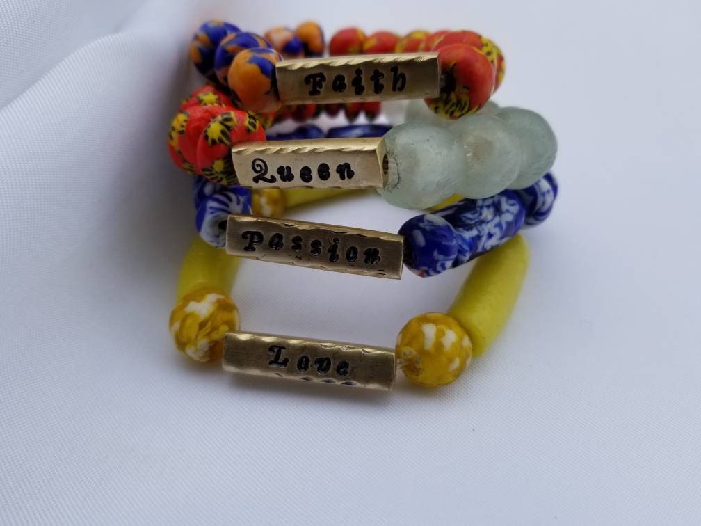 African Recycled Glass Brass Bracelet, Handmade Jewelry