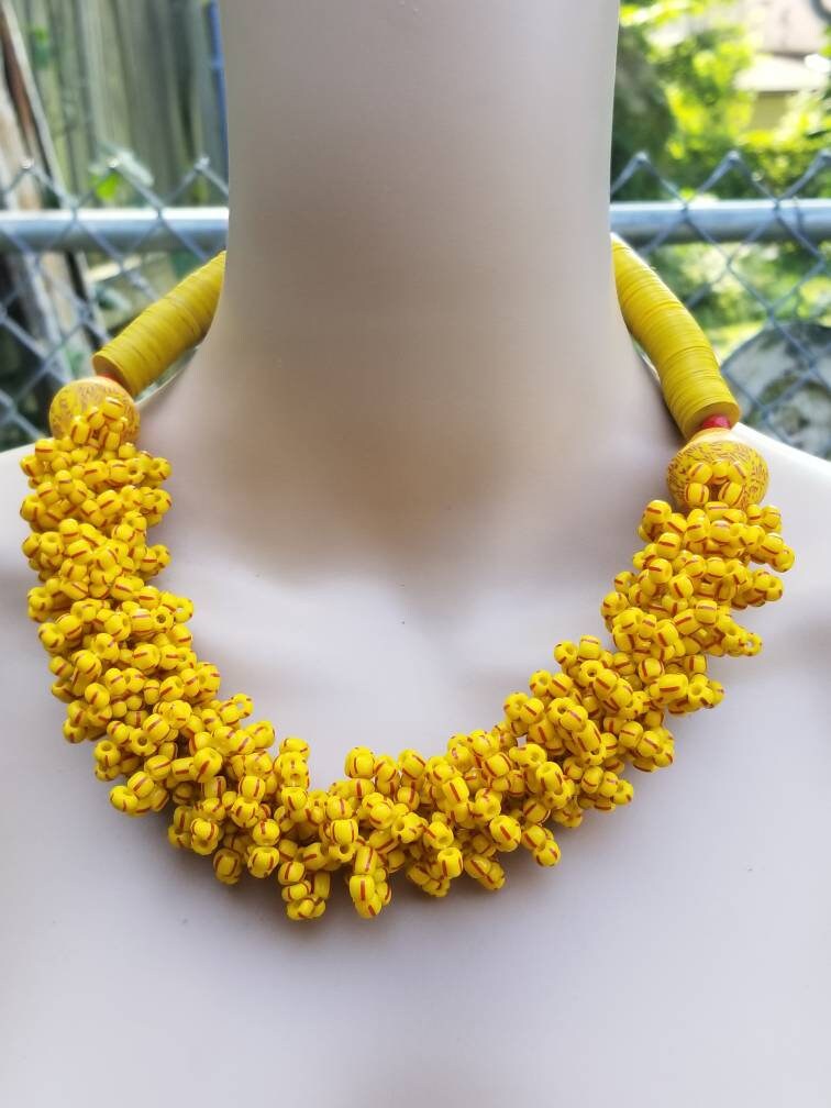 Yellow African glass vinyl necklace, African Jewelry