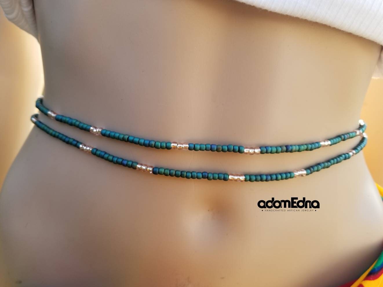 Blue Green Matte African Waist Beads, Belly Waist Chain