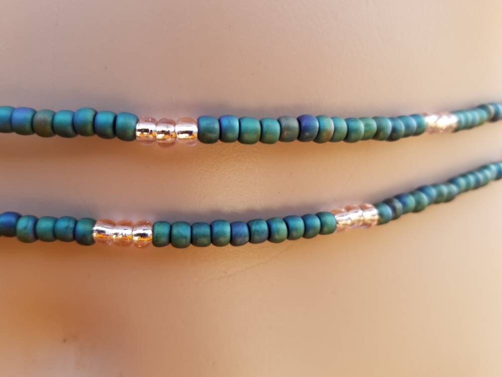 Blue Green Matte African Waist Beads, Belly Waist Chain