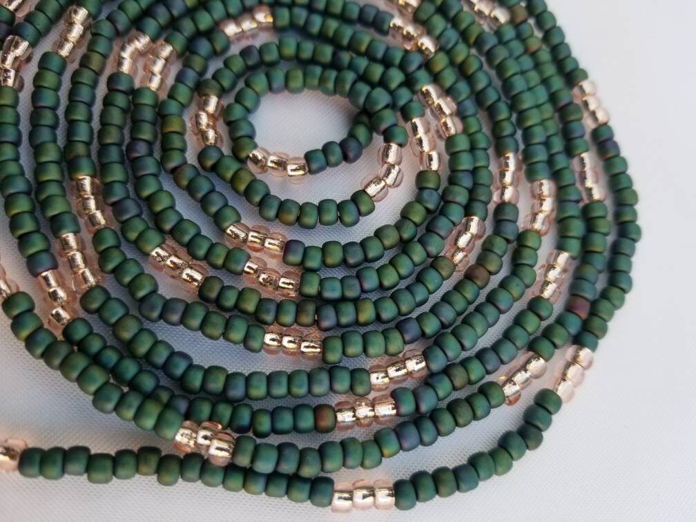 Blue Green Matte African Waist Beads, Belly Waist Chain