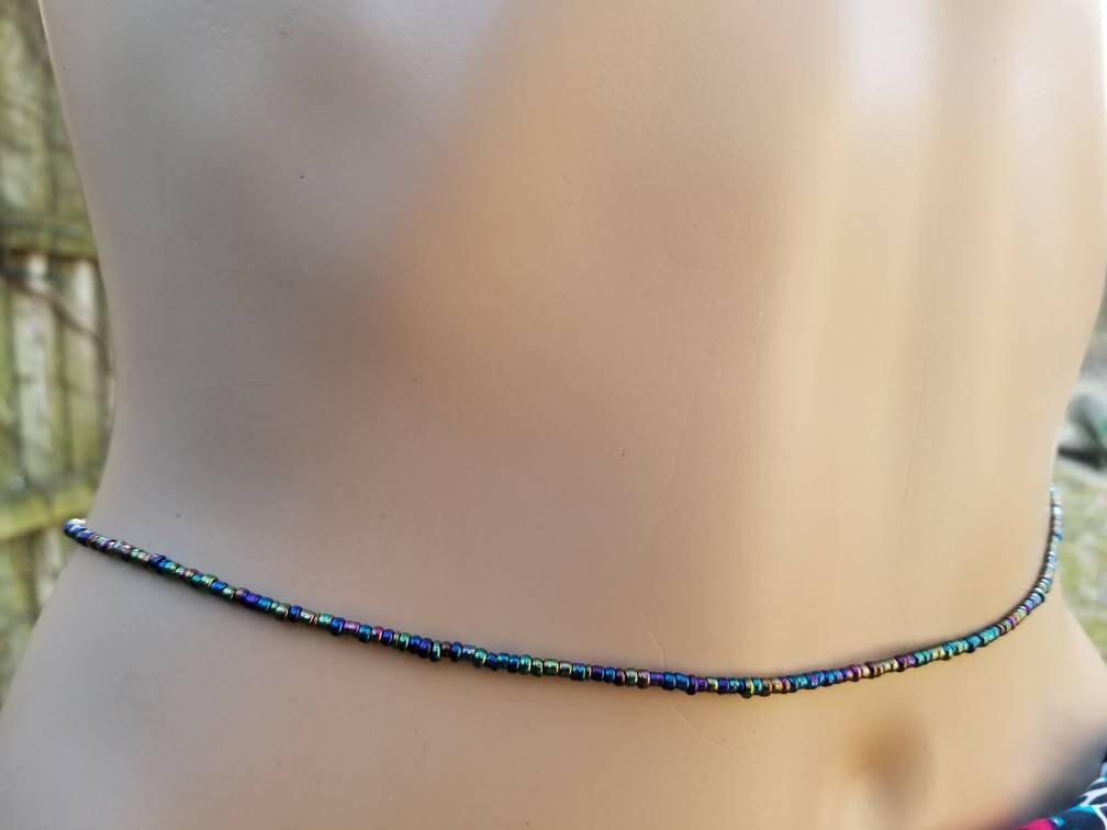 Small Black Rainbow Glass Waist Beads, African Waist Beads, Belly Chain