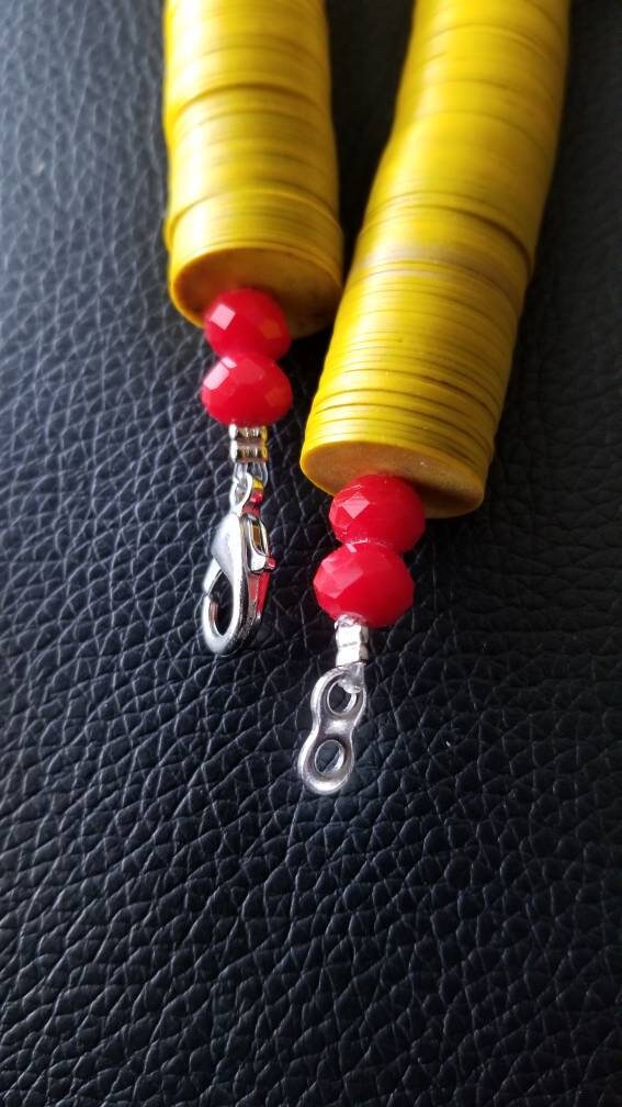 Yellow African glass vinyl necklace, African Jewelry