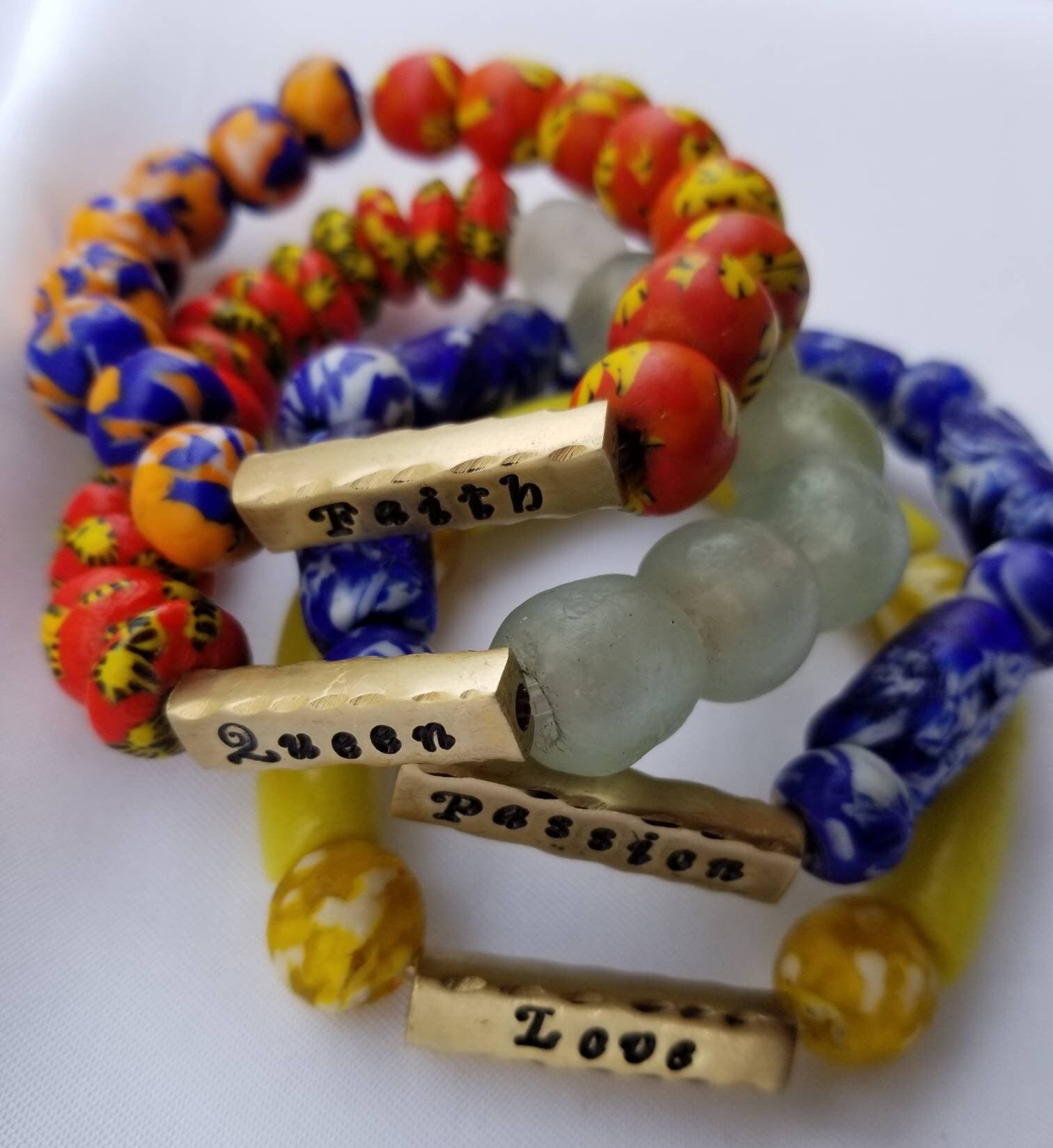 African Recycled Glass Brass Bracelet, Handmade Jewelry