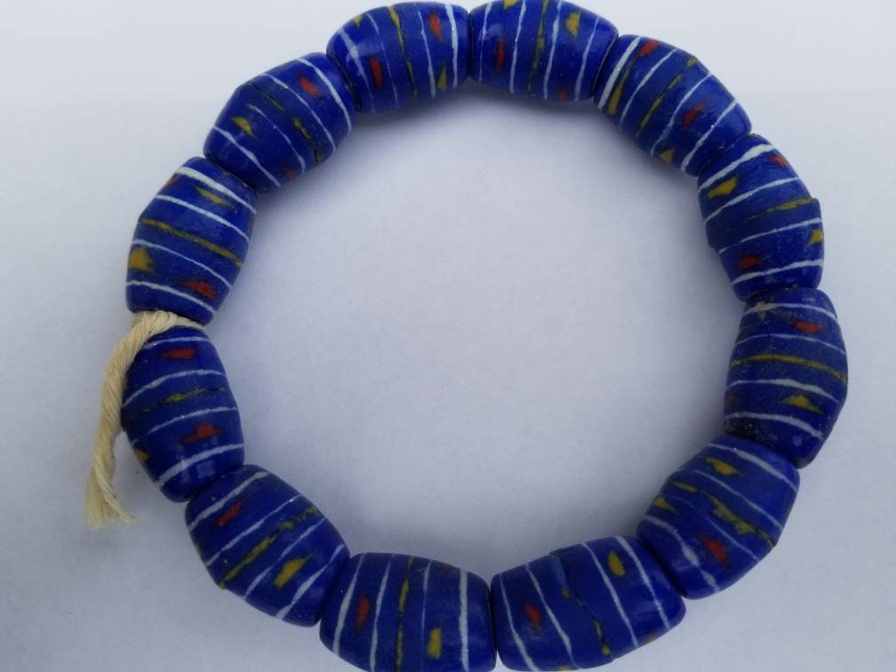 12 Blue African Hand-painted Beads, African Beads