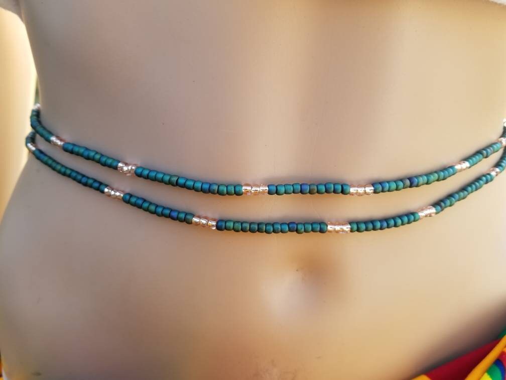 Blue Green Matte African Waist Beads, Belly Waist Chain