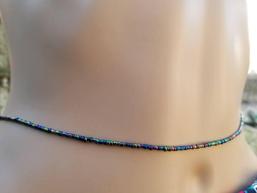 Small Black Rainbow Glass Waist Beads, African Waist Beads, Belly Chain