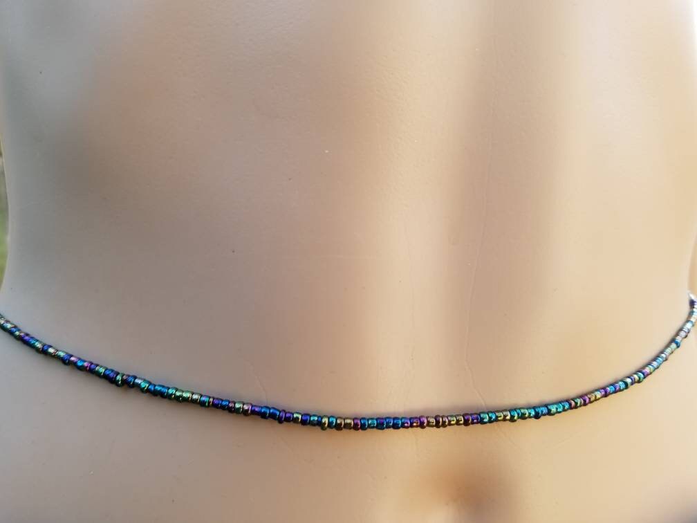 Small Black Rainbow Glass Waist Beads, African Waist Beads, Belly Chain