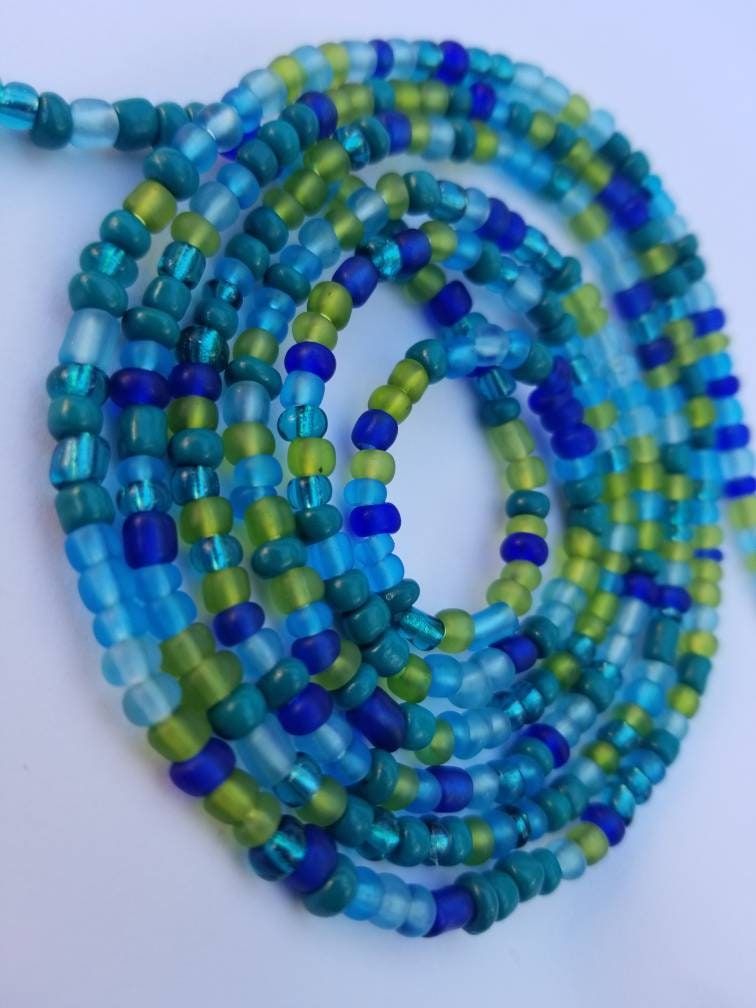 Blue Green Waist Beads, Tie on Waist Beads, Beads with Claps