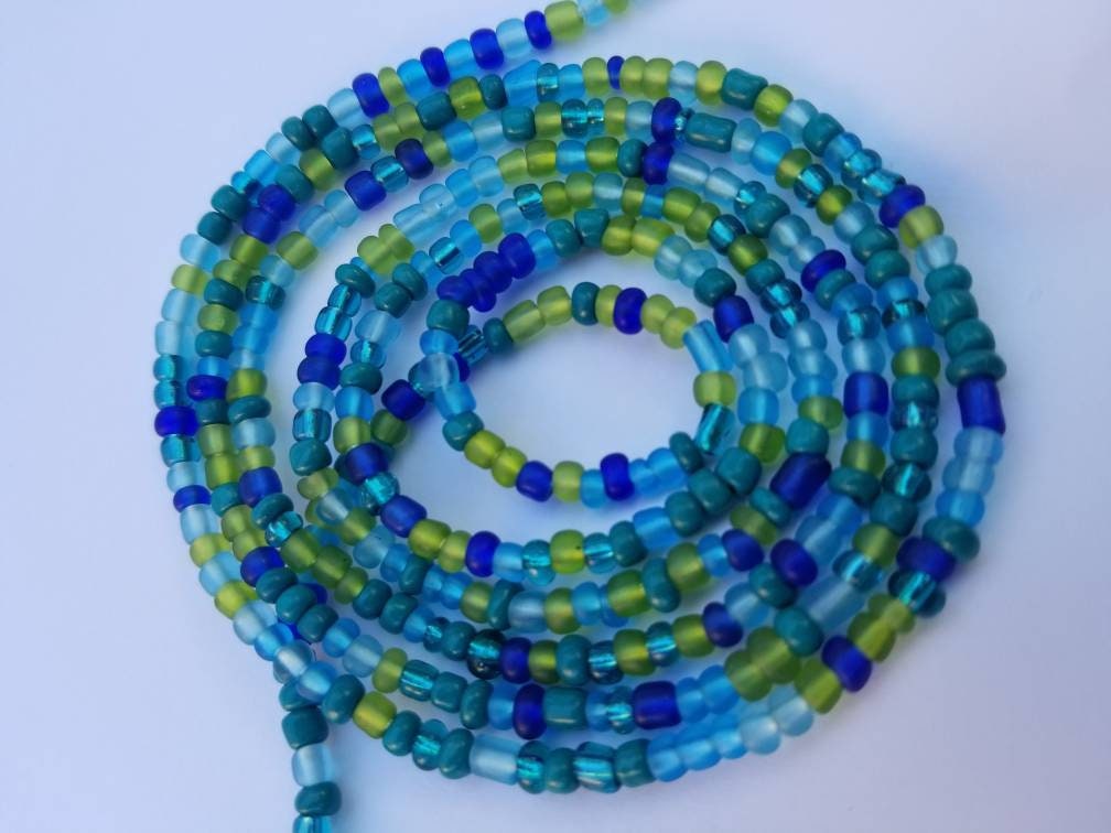 Blue Green Waist Beads, Tie on Waist Beads, Beads with Claps