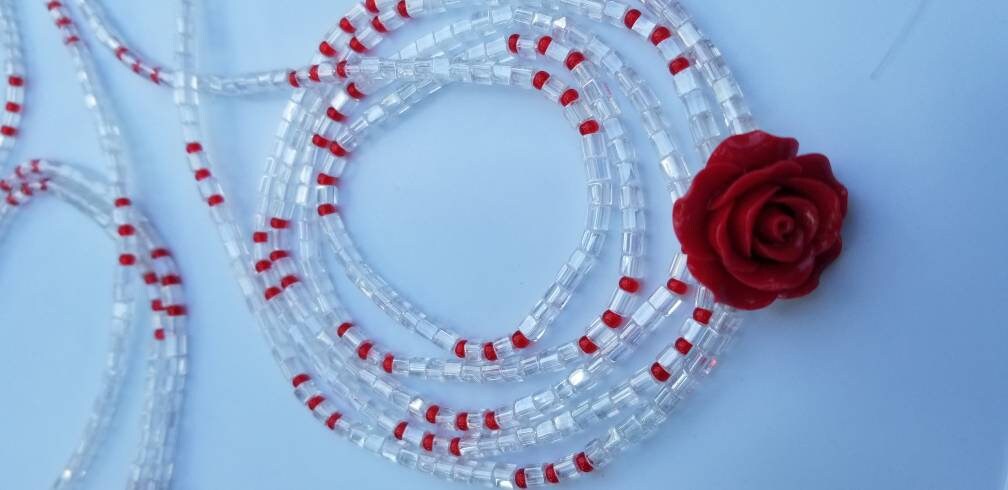 Red Flower Waist Beads, Sexy Belly Chain, Clear Waist Chain, Clasp Waist Beads