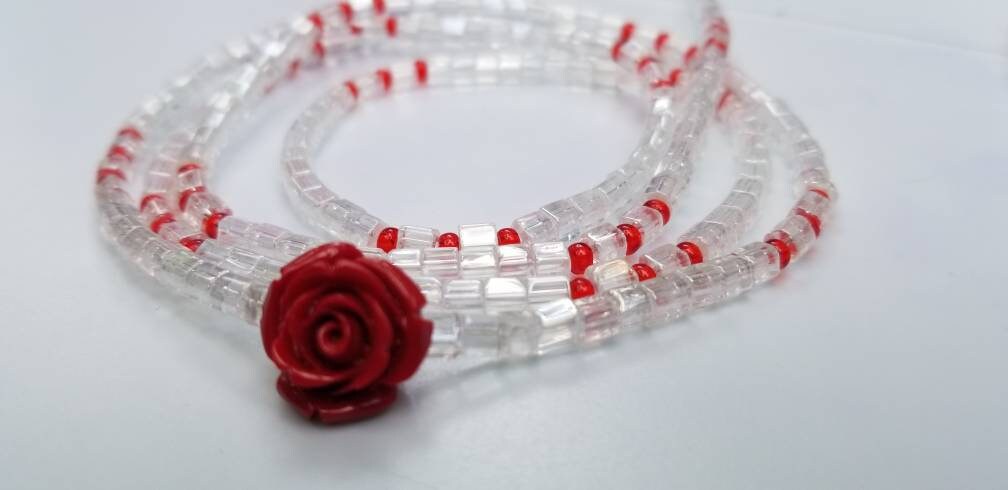 Red Flower Waist Beads, Sexy Belly Chain, Clear Waist Chain, Clasp Waist Beads