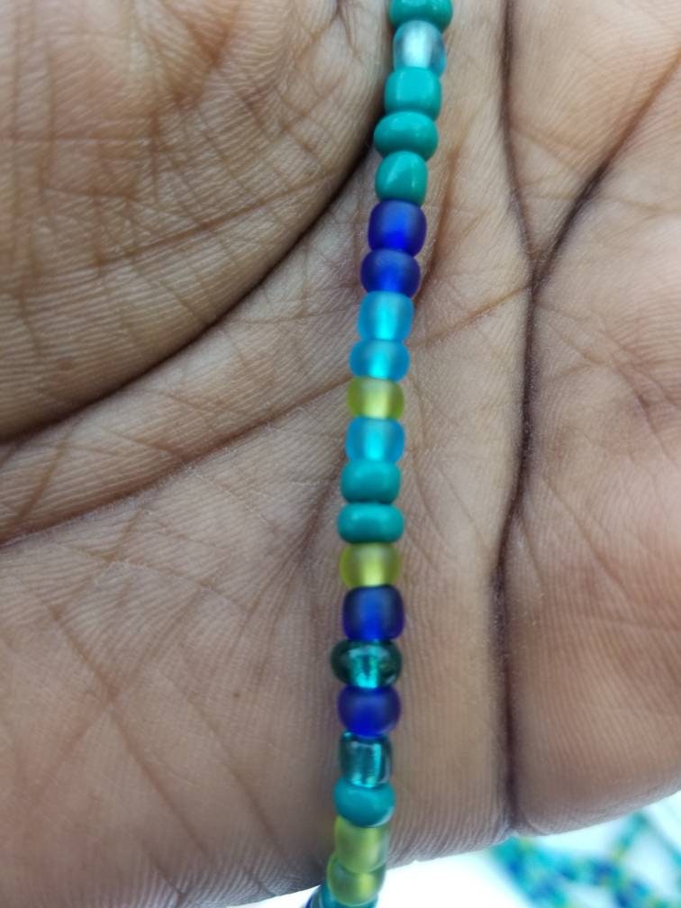 Blue Green Waist Beads, Tie on Waist Beads, Beads with Claps