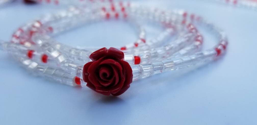 Red Flower Waist Beads, Sexy Belly Chain, Clear Waist Chain, Clasp Waist Beads