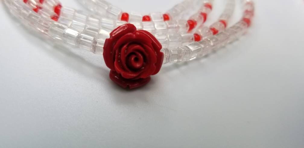 Red Flower Waist Beads, Sexy Belly Chain, Clear Waist Chain, Clasp Waist Beads