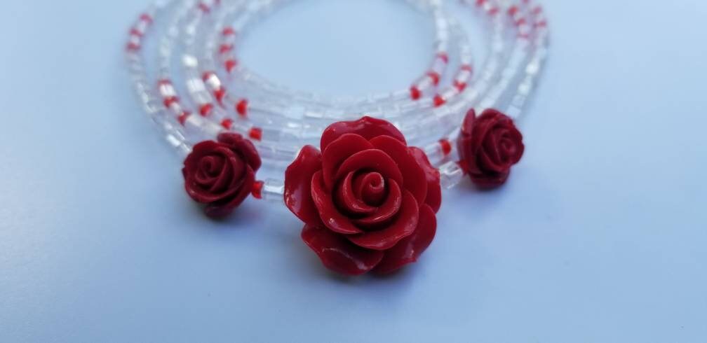 Red Flower Waist Beads, Sexy Belly Chain, Clear Waist Chain, Clasp Waist Beads