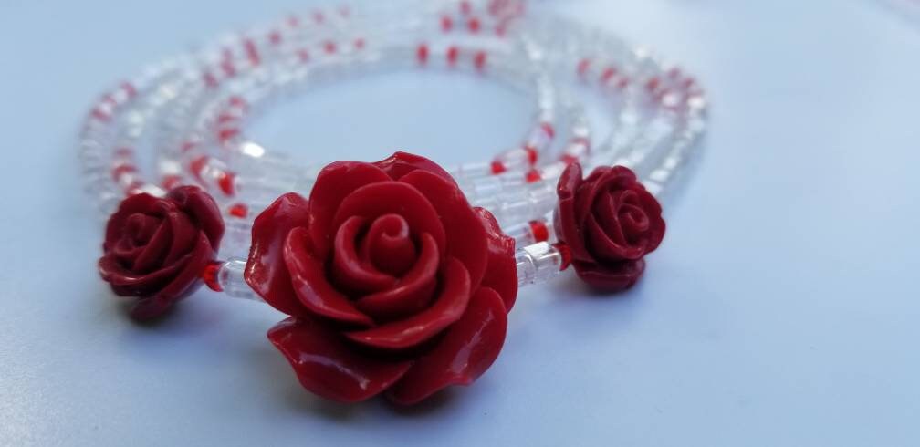 Red Flower Waist Beads, Sexy Belly Chain, Clear Waist Chain, Clasp Waist Beads