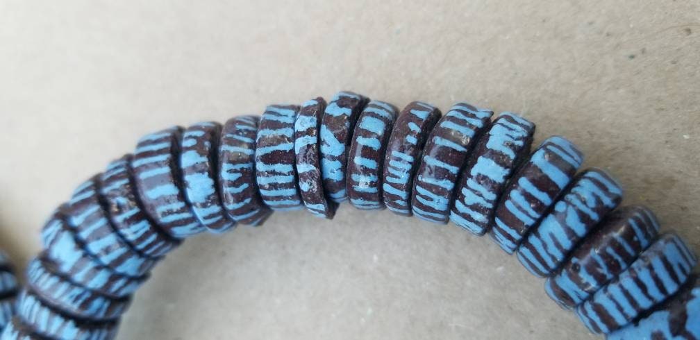 Blue Brown Spacer Beads, African Bead, Painted Beads