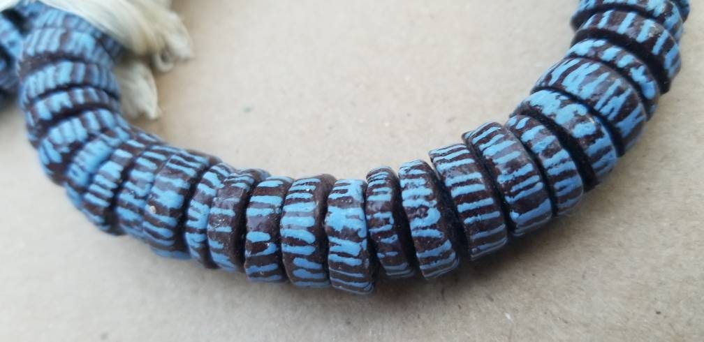 Blue Brown Spacer Beads, African Bead, Painted Beads