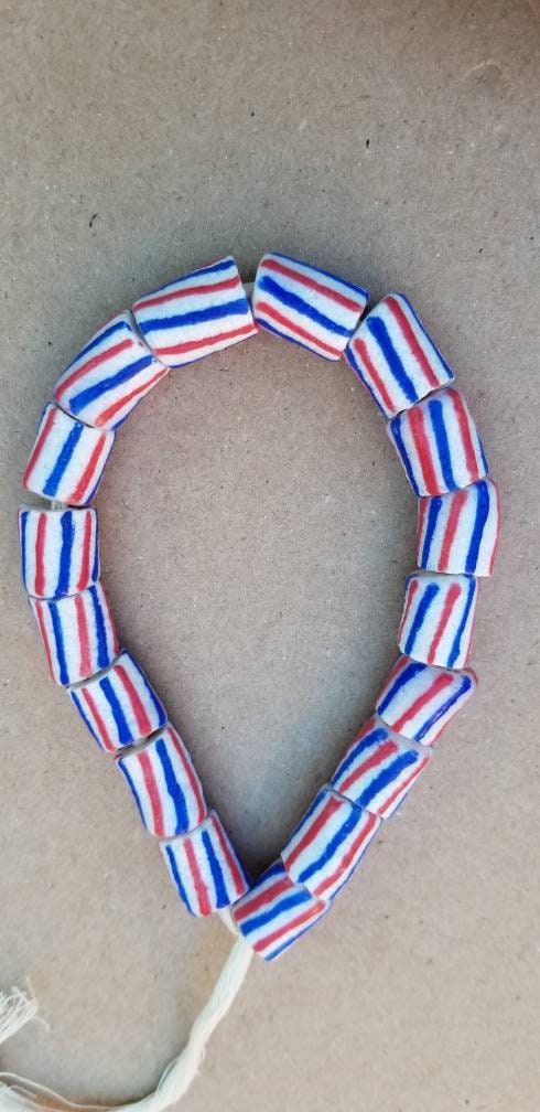 White Red Blue African Beads, Krobo Beads, Ethnic Beads