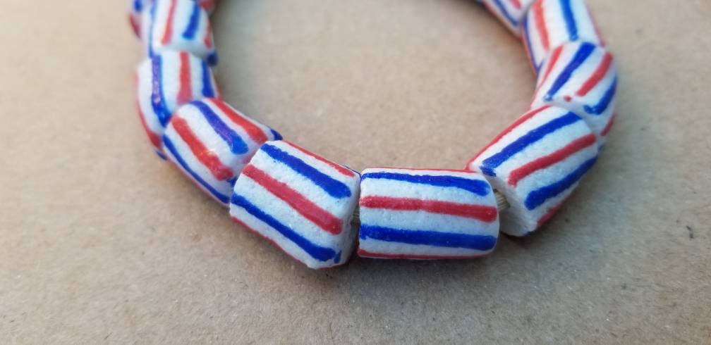 White Red Blue African Beads, Krobo Beads, Ethnic Beads