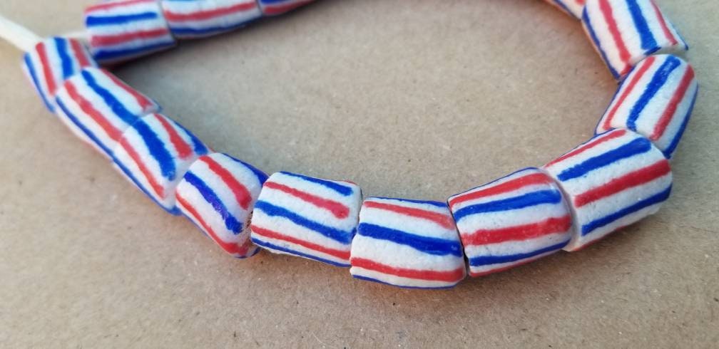 White Red Blue African Beads, Krobo Beads, Ethnic Beads