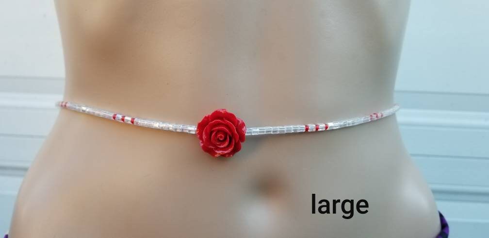 Red Flower Waist Beads, Sexy Belly Chain, Clear Waist Chain, Clasp Waist Beads