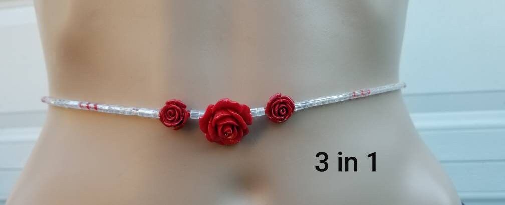 Red Flower Waist Beads, Sexy Belly Chain, Clear Waist Chain, Clasp Waist Beads