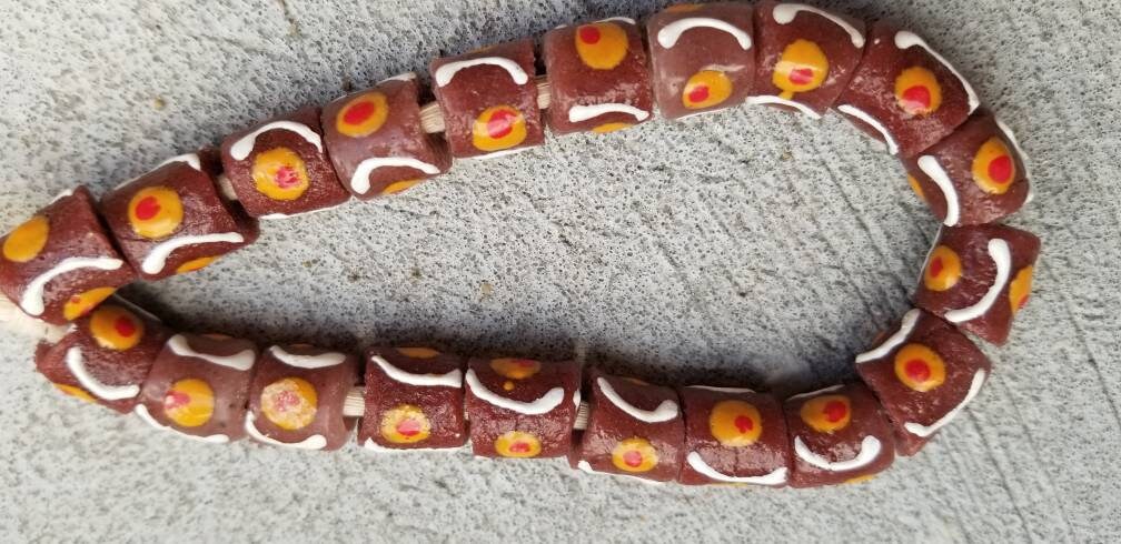 20 Brown Hand Painted Beads, Krobo Glass Beads, African Beads, Tribal Beads