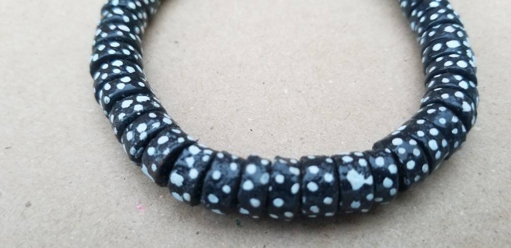 Black and Blue Polka Dot Krobo Beads, Ethnic African Beads